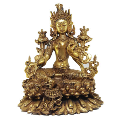 Green Tara Statue – Full Gold Plated with Antique Finishing and Double Lotus Base