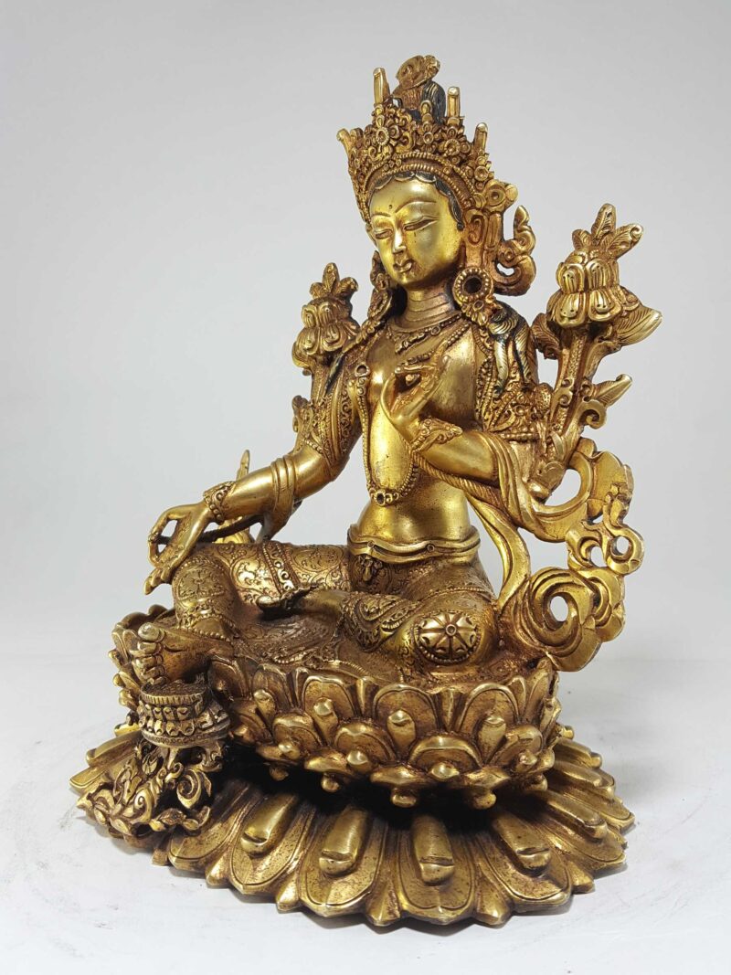 Green Tara Statue – Full Gold Plated with Antique Finishing and Double Lotus Base - Image 3