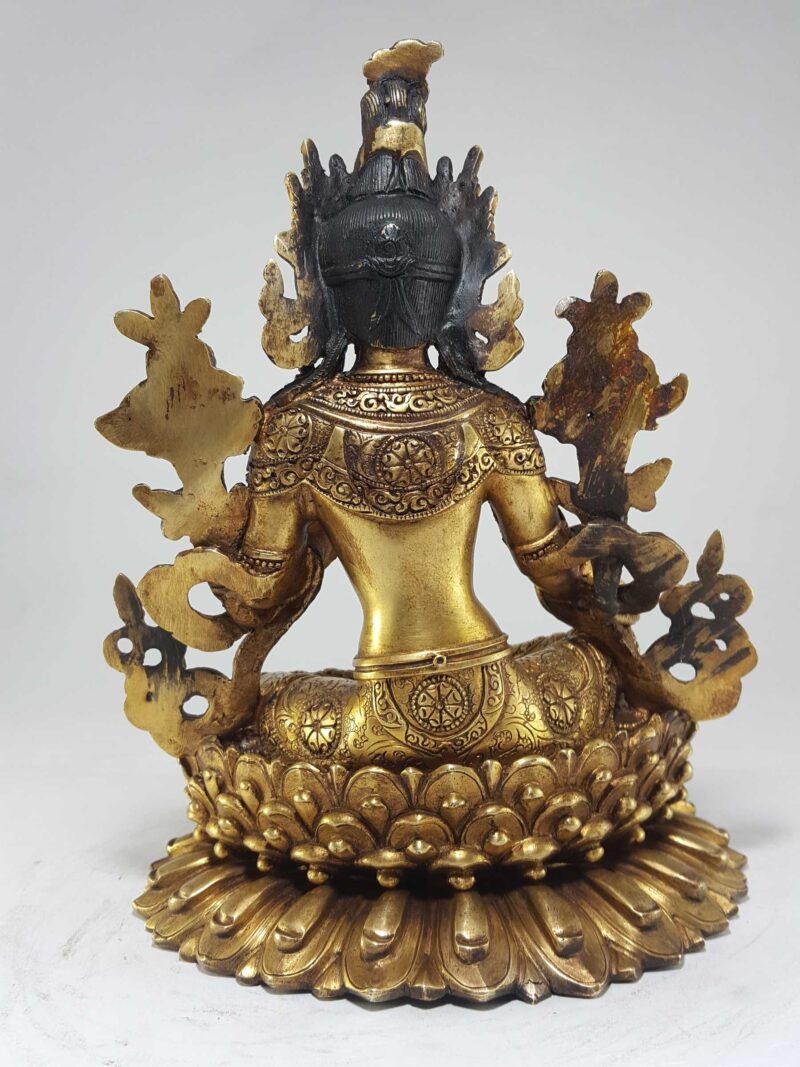 Green Tara Statue – Full Gold Plated with Antique Finishing and Double Lotus Base - Image 4