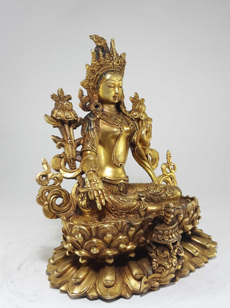 Green Tara Statue – Full Gold Plated with Antique Finishing and Double Lotus Base - Image 2