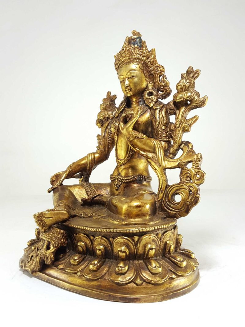 Statue of Green Tara – Full Gold Plated with Antique Finishing - Image 3