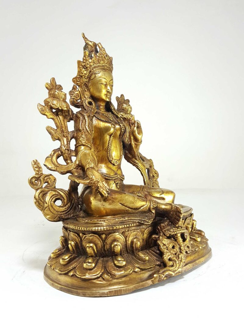 Statue of Green Tara – Full Gold Plated with Antique Finishing - Image 2