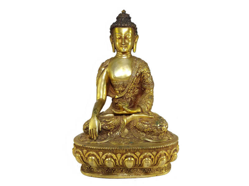 Statue of Shakyamuni Buddha with Buddha Life Story – Full Gold Plated with Antique Finishing and Gold-Painted Face