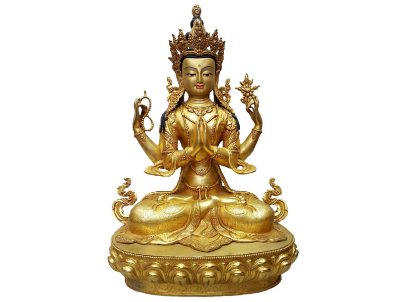 Statue of Avalokiteshvara (Chenrezig) in Partly Gold Plated Finish