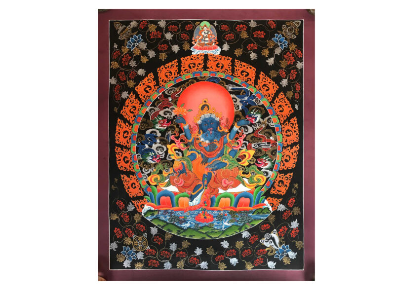 Tibetan Hand Painted Thangka of Black Jambhala with Consort Shakti Yab-Yum