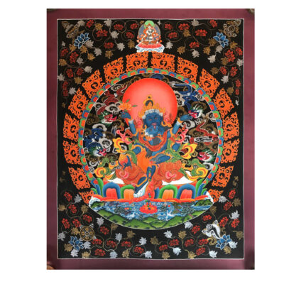 Tibetan Hand Painted Thangka of Black Jambhala with Consort Shakti Yab-Yum