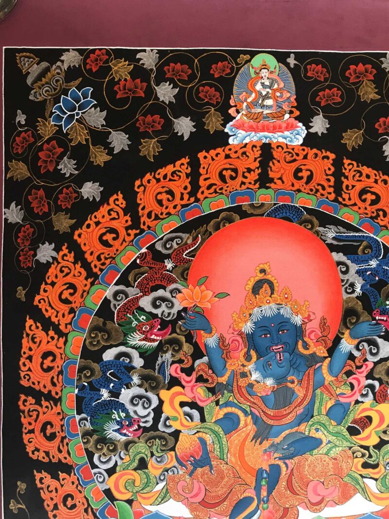 Tibetan Hand Painted Thangka of Black Jambhala with Consort Shakti Yab-Yum - Image 4