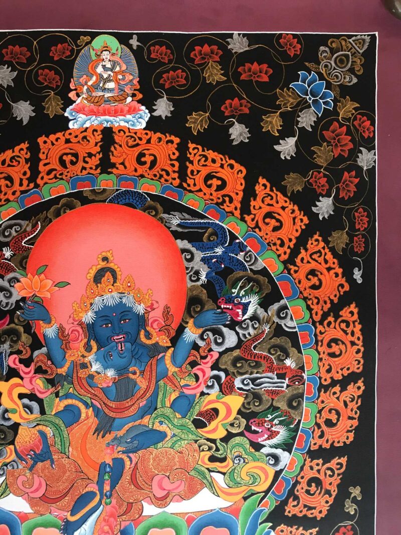 Tibetan Hand Painted Thangka of Black Jambhala with Consort Shakti Yab-Yum - Image 3