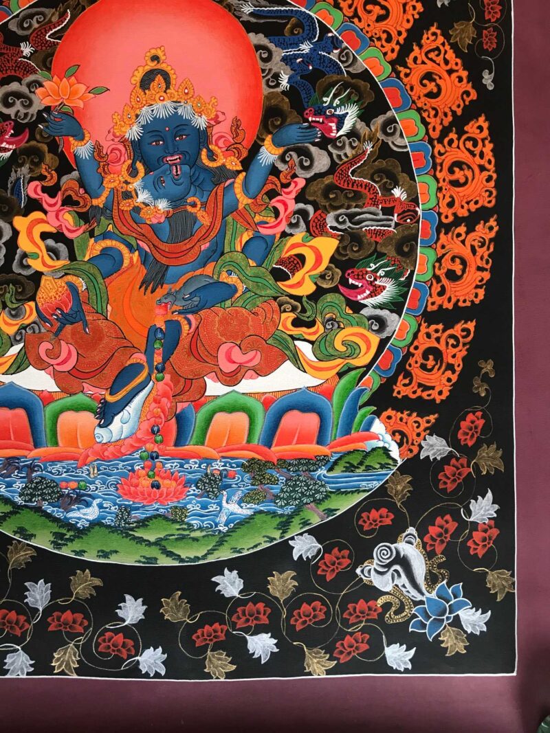 Tibetan Hand Painted Thangka of Black Jambhala with Consort Shakti Yab-Yum - Image 5