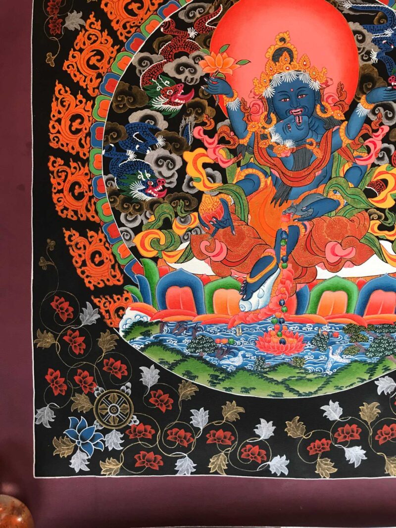 Tibetan Hand Painted Thangka of Black Jambhala with Consort Shakti Yab-Yum - Image 6