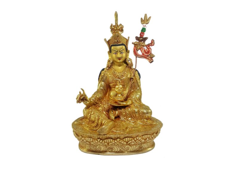 Tibetan Statue of Padmasambhava, Full Fire Gold Plated with Painted Face