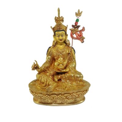 Tibetan Statue of Padmasambhava, Full Fire Gold Plated with Painted Face