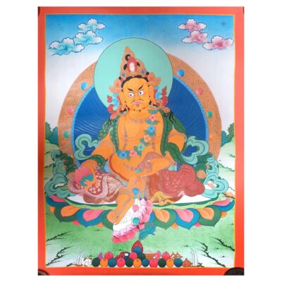 Buddhist Hand-Painted Thangka of Yellow Jambhala with Real Gold