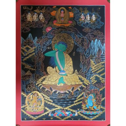 Thangka Painting of Milarepa with Manjushri and Vajrapani at the Bottom