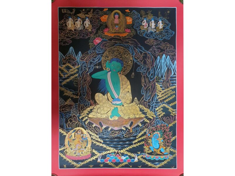 Thangka Painting of Milarepa with Manjushri and Vajrapani at the Bottom