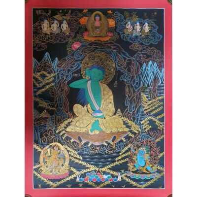 Thangka Painting of Milarepa with Manjushri and Vajrapani at the Bottom