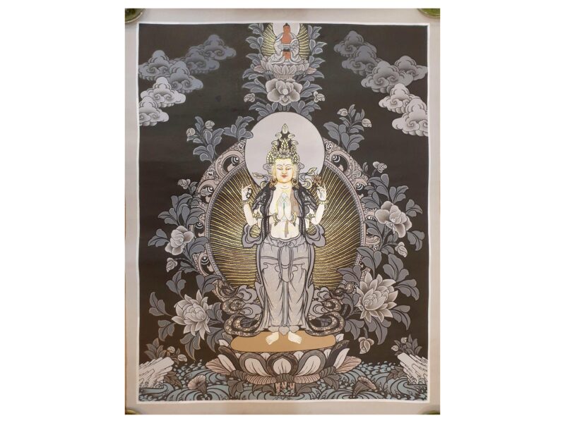 Buddhist Hand-Painted Thangka of Chenrezig, Black and Grey, Silver, and Gold