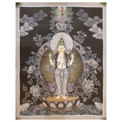 Buddhist Hand-Painted Thangka of Chenrezig, Black and Grey, Silver, and Gold