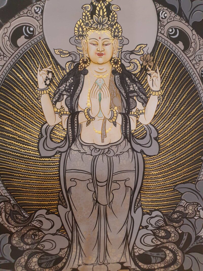 Buddhist Hand-Painted Thangka of Chenrezig, Black and Grey, Silver, and Gold - Image 2