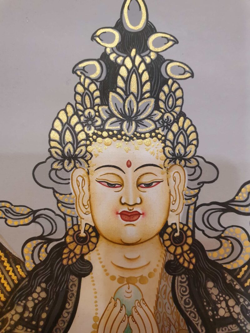 Buddhist Hand-Painted Thangka of Chenrezig, Black and Grey, Silver, and Gold - Image 3