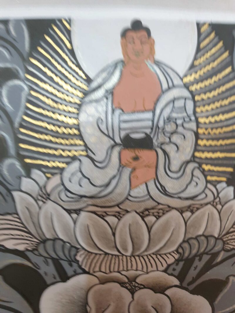 Buddhist Hand-Painted Thangka of Chenrezig, Black and Grey, Silver, and Gold - Image 4