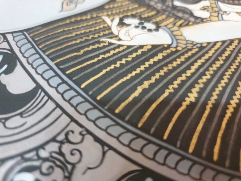 Buddhist Hand-Painted Thangka of Chenrezig, Black and Grey, Silver, and Gold - Image 5