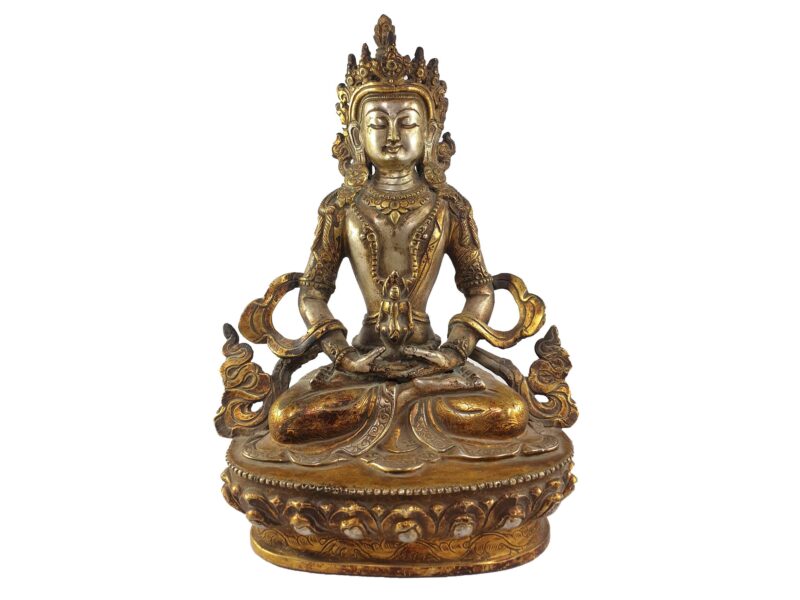 Buddhist Statue Of Aparimita Silver And Gold Plated, Antique Finishing, Chepame, Amitayus