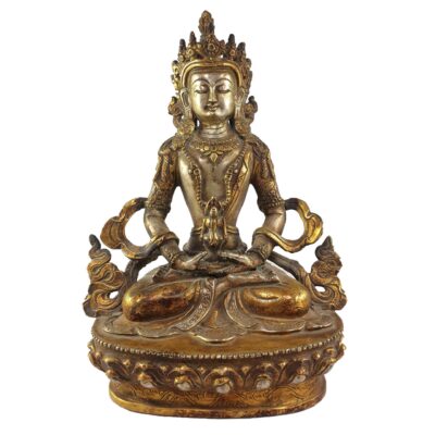 Buddhist Statue Of Aparimita Silver And Gold Plated, Antique Finishing, Chepame, Amitayus