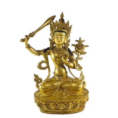 Buddhist Statue of Manjushri (Full Gold Plated with Painted Face)