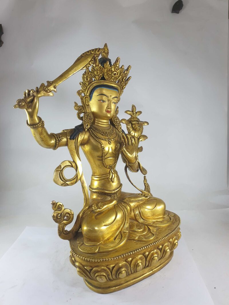 Buddhist Statue of Manjushri (Full Gold Plated with Painted Face) - Image 2