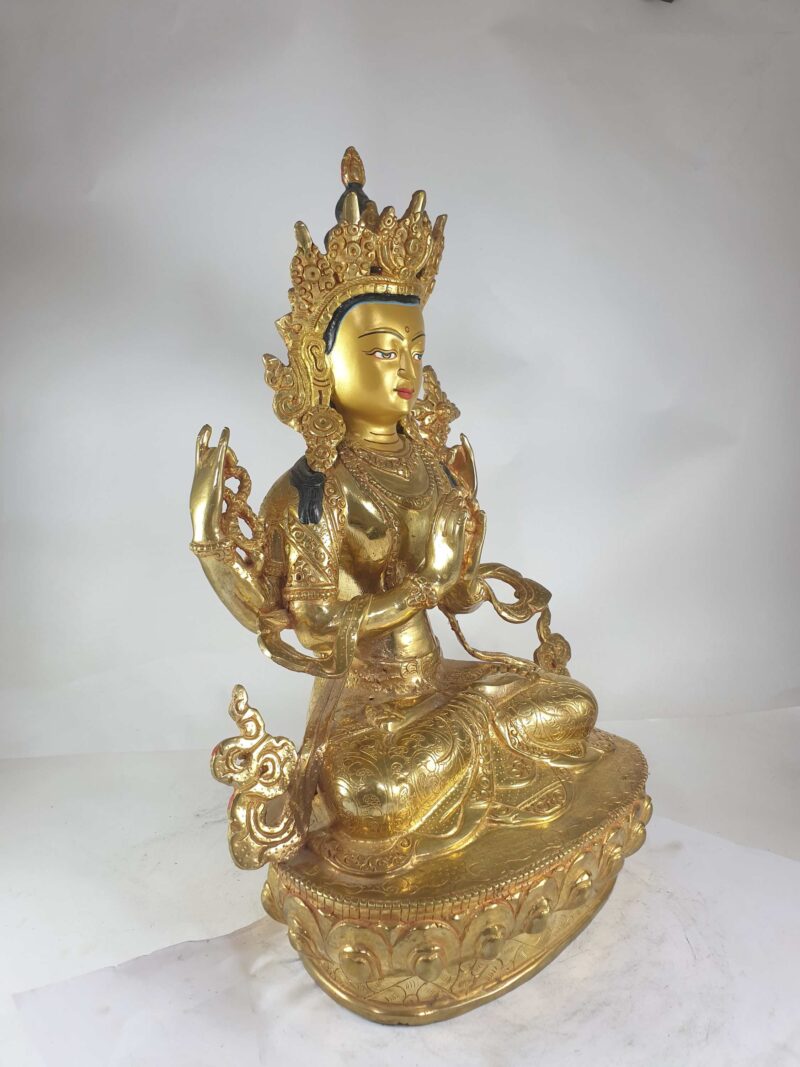 Buddhist Statue of Chenrezig, Full Gold Plated and Painted Face - Image 2