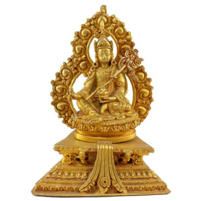 Miniature Statue of Padmasambhava on a Throne with Flower Background, Full Gold Plated
