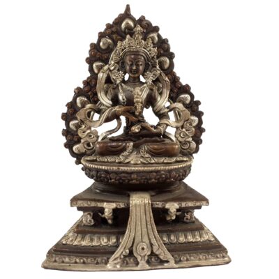 Buddhist Miniature Statue of Vajrasattva on a Throne with Floral Background, Full Gold Plated