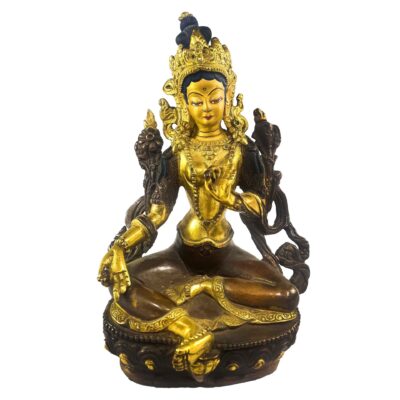 Old Stock Green Tara Statue – Partly Gold-Plated, Gold-Painted Face