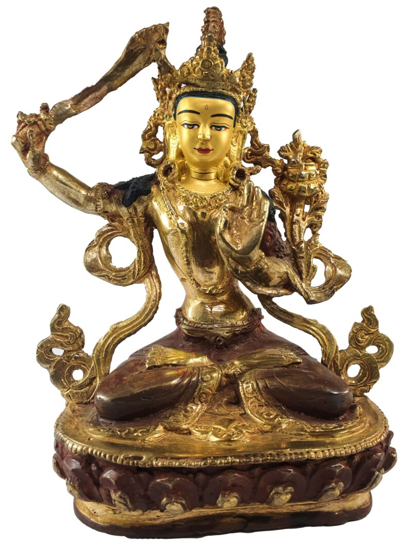 Buddhist Statue of Manjushri – Partly Gold-Plated, Painted Face - Image 3