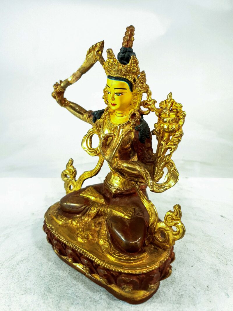 Buddhist Statue of Manjushri – Partly Gold-Plated, Painted Face - Image 4