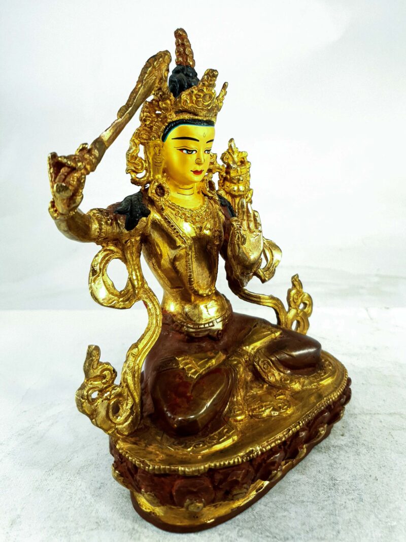 Buddhist Statue of Manjushri – Partly Gold-Plated, Painted Face - Image 2