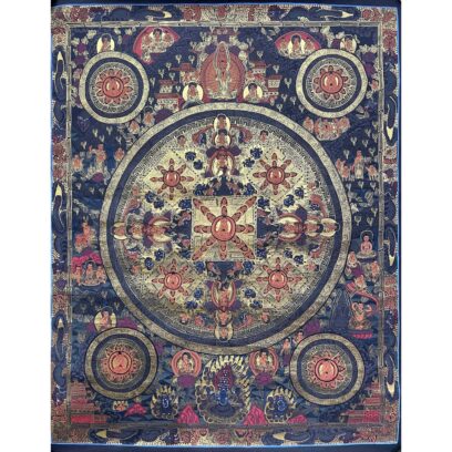 Tibetan Buddhist Thangka Painting – Pancha Buddha Mandala, Hand-Painted