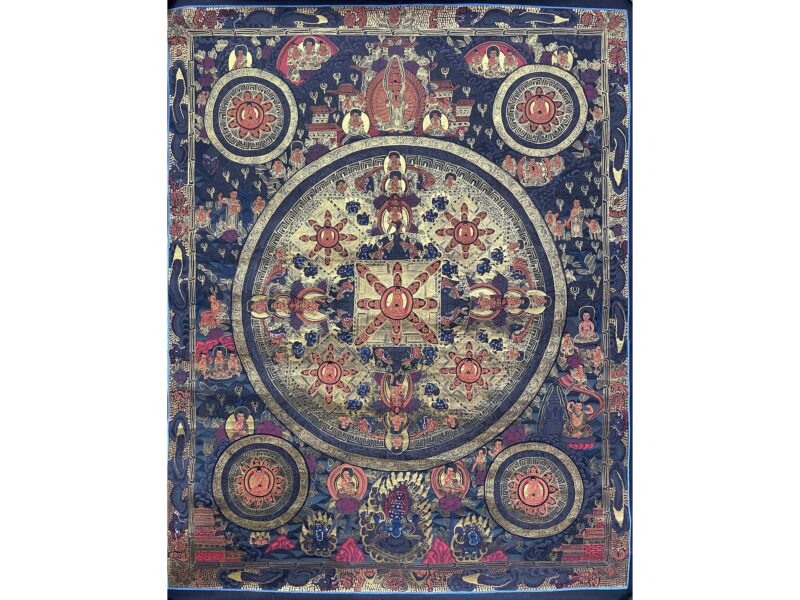 Tibetan Buddhist Thangka Painting – Pancha Buddha Mandala, Hand-Painted