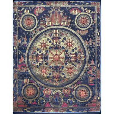 Tibetan Buddhist Thangka Painting – Pancha Buddha Mandala, Hand-Painted