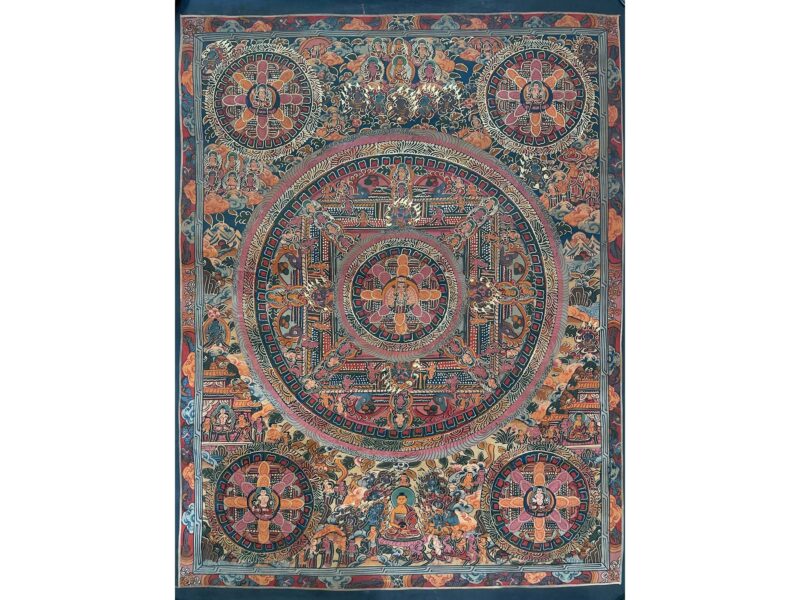 Tibetan Buddhist Thangka Painting – Hand-Painted Pancha Buddha Mandala