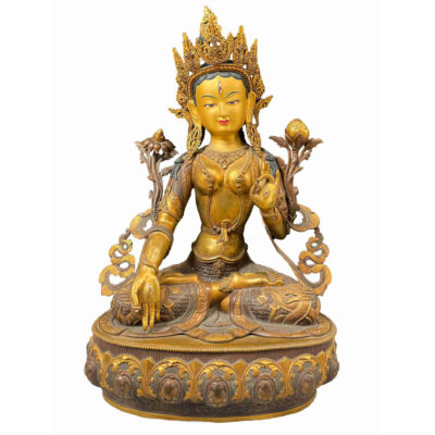 Master Quality Buddhist Statue of White Tara – Partly Gold Plated, Antique Patina Finish, Face Painted, Rare Find