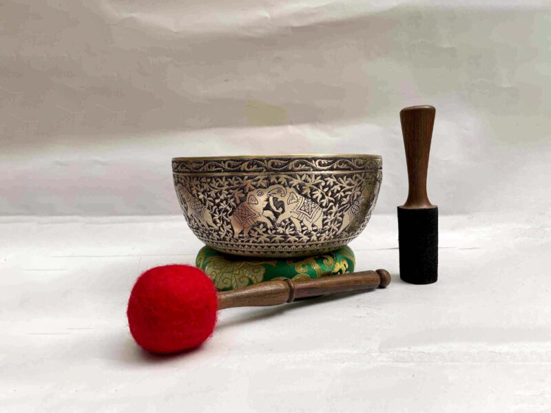 Buddhist Hand-Beaten Singing Bowl – Elephant Design with Etching Carving