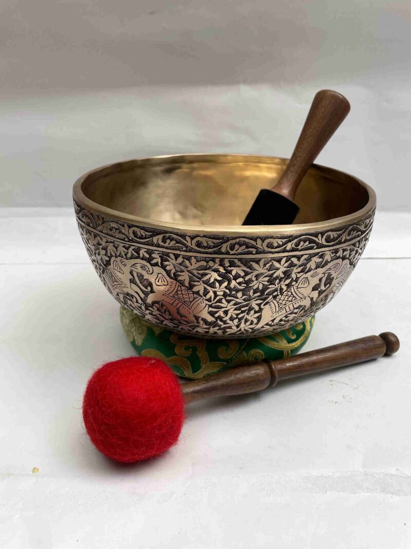 Buddhist Hand-Beaten Singing Bowl – Elephant Design with Etching Carving - Image 2