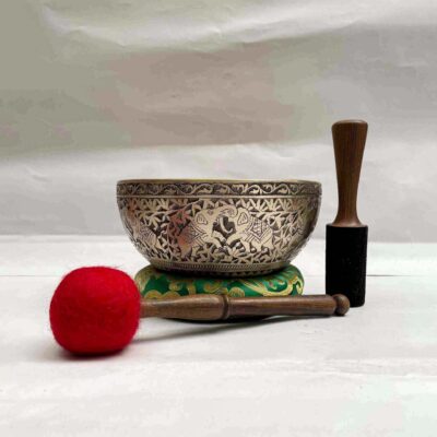 Buddhist Hand-Beaten Singing Bowl – Elephant Design with Etching Carving
