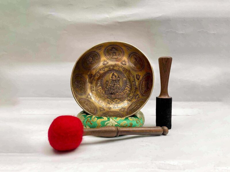 Buddhist Hand-Beaten Jambati Singing Bowl with Green Tara Design & Carving