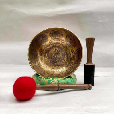 Buddhist Hand-Beaten Jambati Singing Bowl with Green Tara Design & Carving