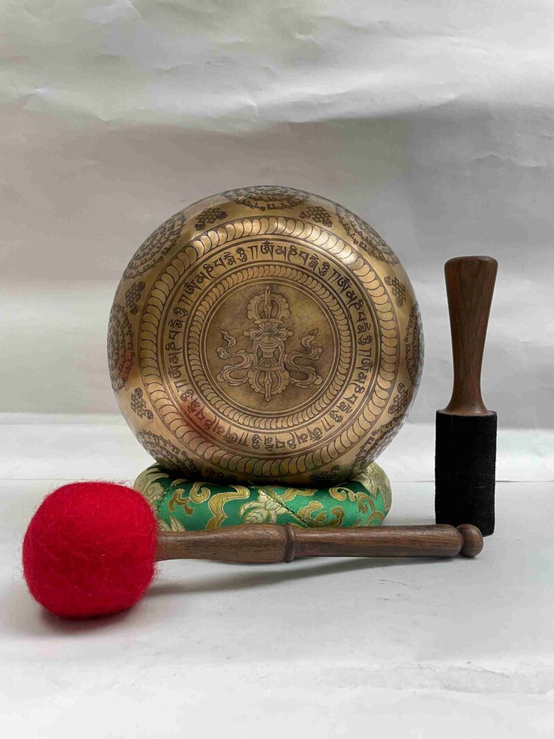 Buddhist Hand-Beaten Jambati Singing Bowl with Green Tara Design & Carving - Image 3