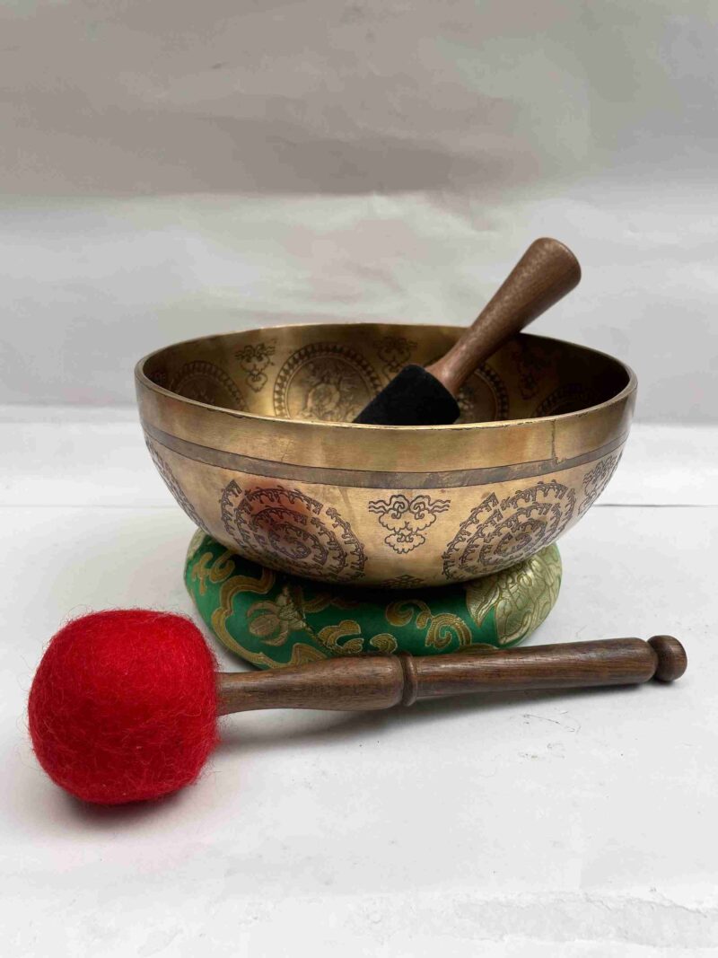 Buddhist Hand-Beaten Jambati Singing Bowl with Green Tara Design & Carving - Image 2