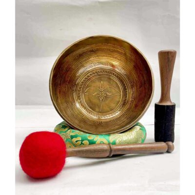 Buddhist Hand-Beaten Jambati Singing Bowl – Buddha Eye Design, Intricate Carving